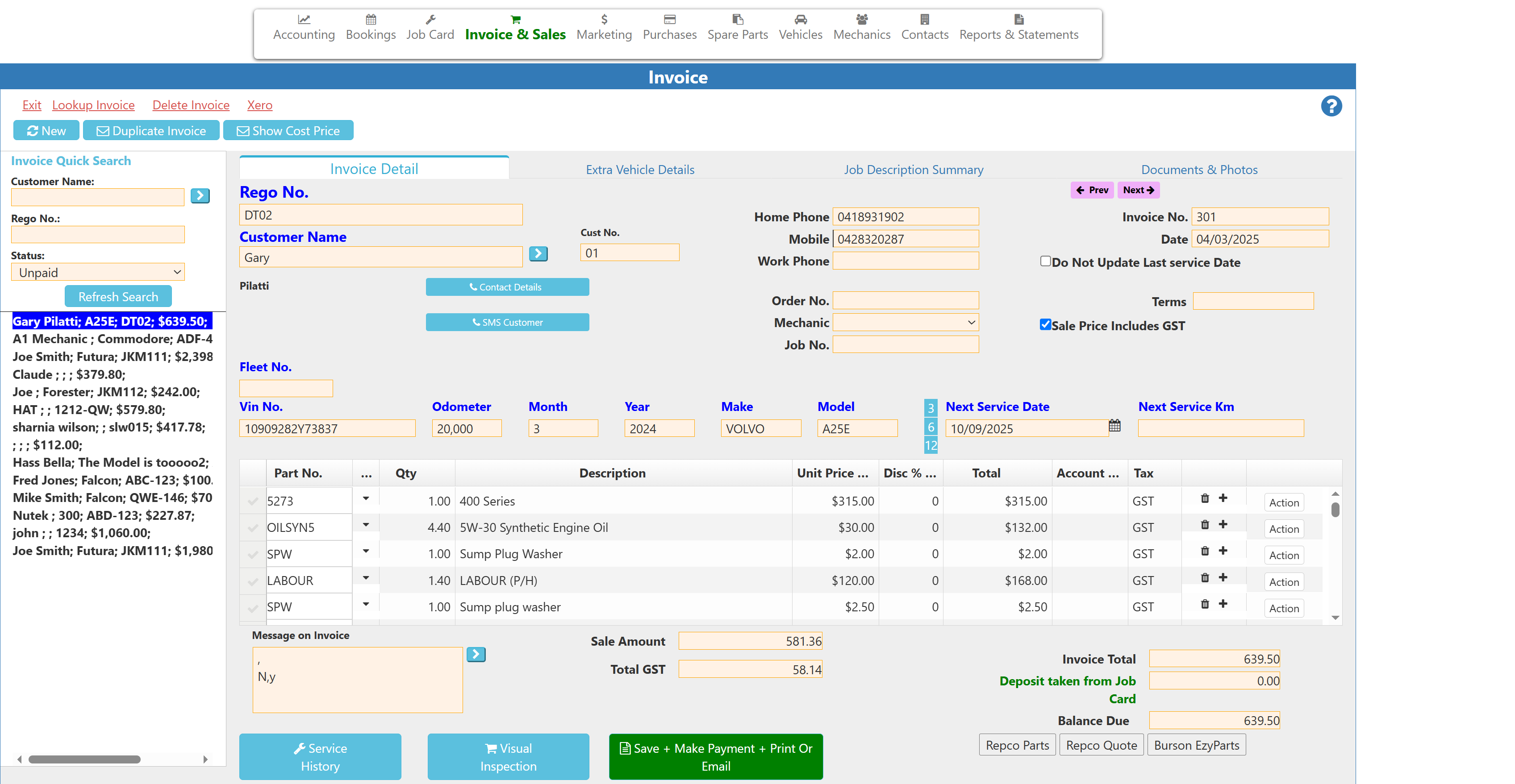 Mechanic Manager invoice screen