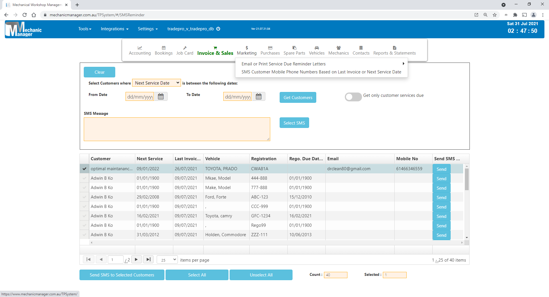 Mechanic Manager SMS reminders